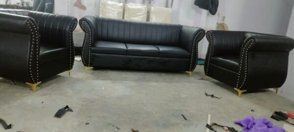 Luxury Club Chair Set of 2, Black Faux Leather, Channel Tufted with Gold Studs and Feet - Image 4