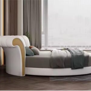 Modern Round Platform Bed with Curved Headboard, White Leather Upholstery, Contemporary Design