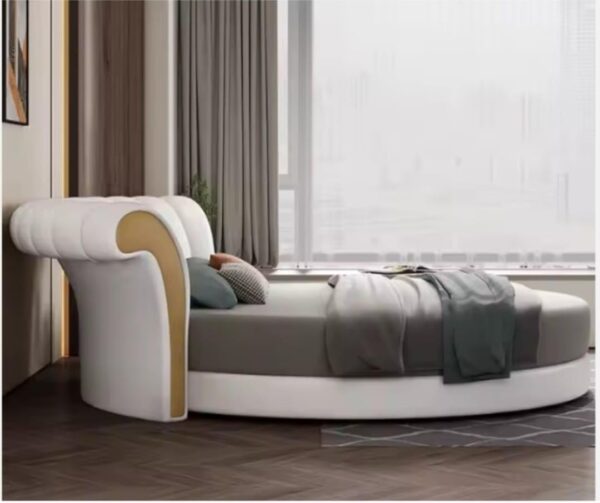 Modern Round Platform Bed with Curved Headboard, White Leather Upholstery, Contemporary Design