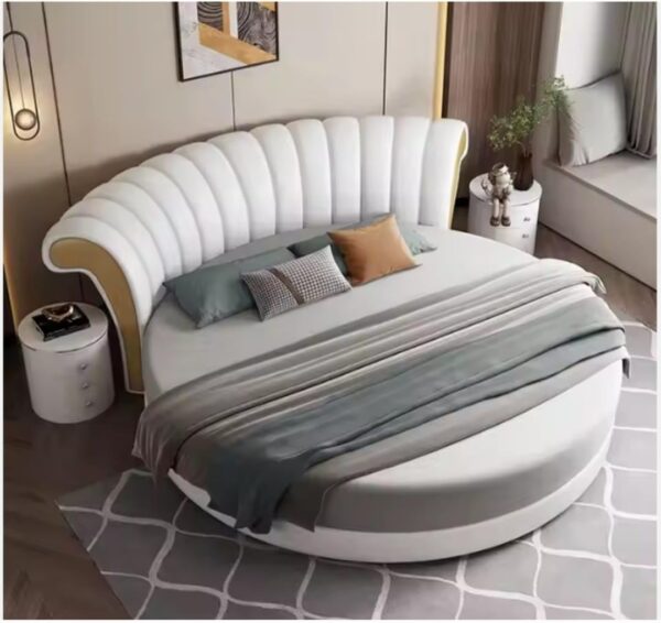 Modern Round Platform Bed with Curved Headboard, White Leather Upholstery, Contemporary Design - Image 3