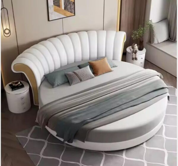 Modern Round Platform Bed with Curved Headboard, White Leather Upholstery, Contemporary Design - Image 4