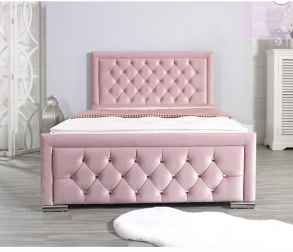 Luxury Tufted Bed Frame with Diamond Pattern Headboard and Footboard, Pink Velvet, Chrome Feet - Image 2