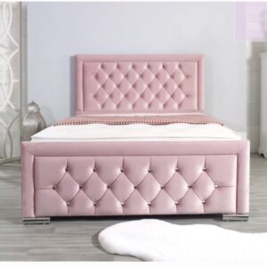 Luxury Tufted Bed Frame with Diamond Pattern Headboard and Footboard, Pink Velvet, Chrome Feet
