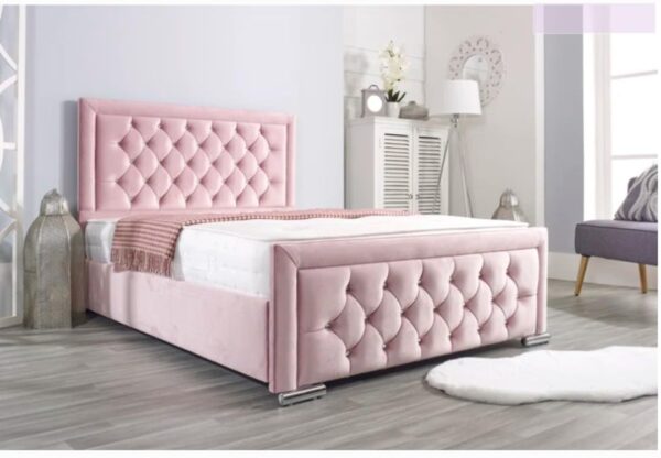 Luxury Tufted Bed Frame with Diamond Pattern Headboard and Footboard, Pink Velvet, Chrome Feet - Image 3