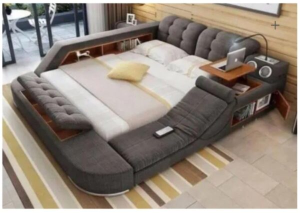 Modern Multifunctional Platform Bed Frame with Built-in Speakers, Storage, and Tufted Headboard, Grey - Image 3