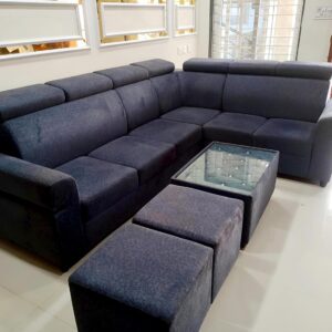 Taxzek 6+2 Modern L-Shaped Sectional Sofa Set with Glass Centre Table, Adjustable Headrests, Grey Fabric, 2 Ottoman Stools