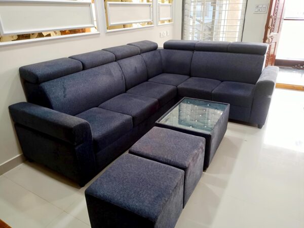 Taxzek 6+2 Modern L-Shaped Sectional Sofa Set with Glass Centre Table, Adjustable Headrests, Grey Fabric, 2 Ottoman Stools