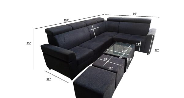 Taxzek 6+2 Modern L-Shaped Sectional Sofa Set with Glass Centre Table, Adjustable Headrests, Grey Fabric, 2 Ottoman Stools - Image 2