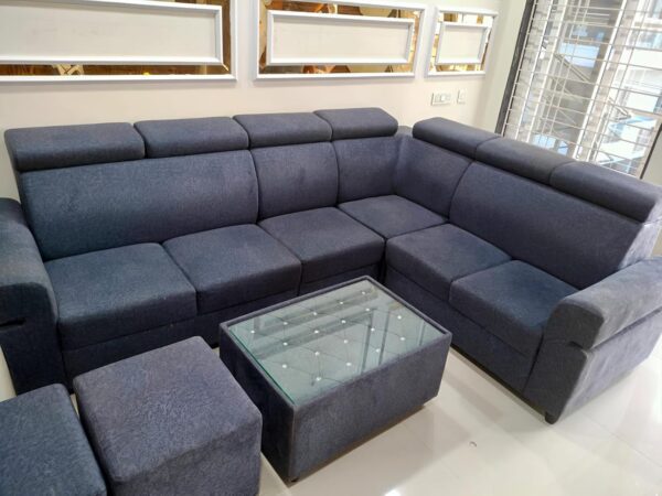 Taxzek 6+2 Modern L-Shaped Sectional Sofa Set with Glass Centre Table, Adjustable Headrests, Grey Fabric, 2 Ottoman Stools - Image 3