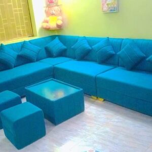Taxzek L-Shaped Sectional Sofa Set with Cup Holders, Turquoise, 7-Piece with Centre Table and Ottomans