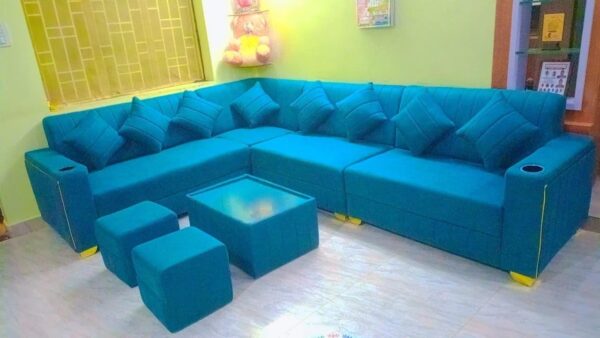 Taxzek L-Shaped Sectional Sofa Set with Cup Holders, Turquoise, 7-Piece with Centre Table and Ottomans