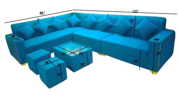 Taxzek L-Shaped Sectional Sofa Set with Cup Holders, Turquoise, 7-Piece with Centre Table and Ottomans - Image 2
