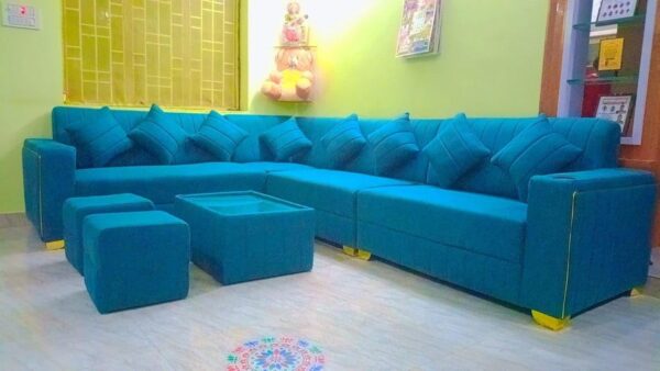 Taxzek L-Shaped Sectional Sofa Set with Cup Holders, Turquoise, 7-Piece with Centre Table and Ottomans - Image 3
