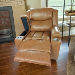 Taxzek Leather Single Recliner Chair Sofa with Cup Holders, Headrest, Footrest, Storage Console, Camel Brown for Living Room, Gaming, Office