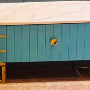 Taxzek Modern TV Stand Entertainment Unit, Teal and Gold Accents, White Marble Top, Storage Console