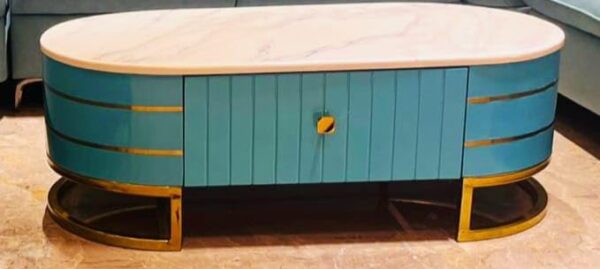 Taxzek Modern TV Stand Entertainment Unit, Teal and Gold Accents, White Marble Top, Storage Console