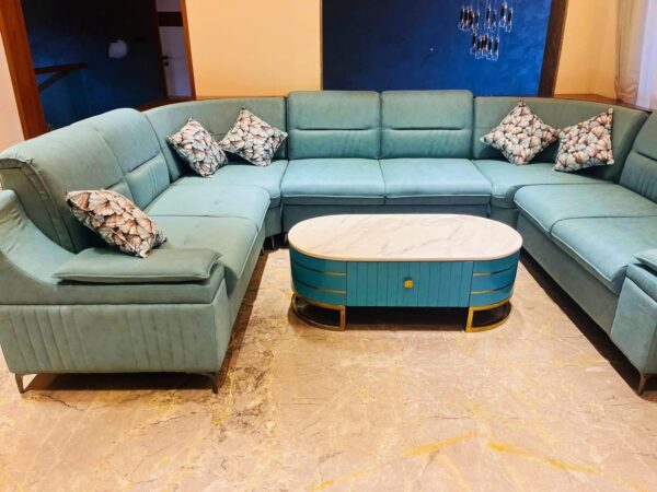 Taxzek Modern TV Stand Entertainment Unit, Teal and Gold Accents, White Marble Top, Storage Console - Image 6