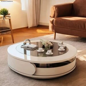 Taxzek Modern Round Coffee Table Without Storage with Tempered Top, White High Gloss Finish, 360-Degree Rotating Design for Living Room, Home, Sofa Set