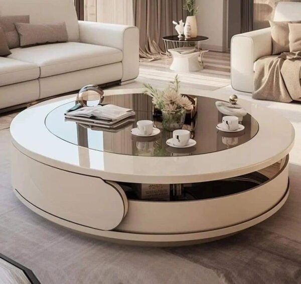 Taxzek Modern Round Coffee Table Without Storage with Tempered Top, White High Gloss Finish, 360-Degree Rotating Design for Living Room, Home, Sofa Set - Image 2