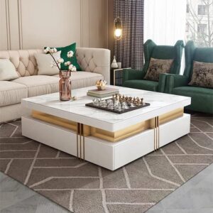 Taxzek Modern and Elegant White PU Polish Coffee Table with Storage 4 Drawers, White Marble Effect Top, Gold Metal Frame,Tea Table for Living Room, Guest Room, Home, Hall