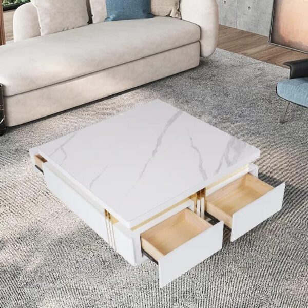 Taxzek Modern and Elegant White PU Polish Coffee Table with Storage 4 Drawers, White Marble Effect Top, Gold Metal Frame,Tea Table for Living Room, Guest Room, Home, Hall - Image 3