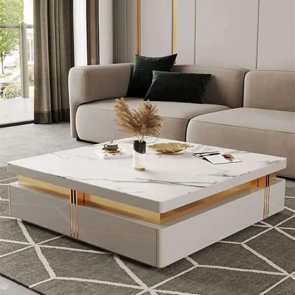 Taxzek Modern and Elegant White PU Polish Coffee Table with Storage 4 Drawers, White Marble Effect Top, Gold Metal Frame,Tea Table for Living Room, Guest Room, Home, Hall - Image 4