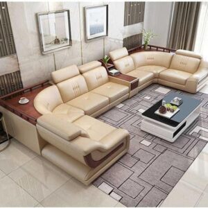 Taxzek Aryana Leather Sofa Set, Beige Colour, 7 Seater, U-Shape, 40 Density Foam, Wooden Frame with Center Table