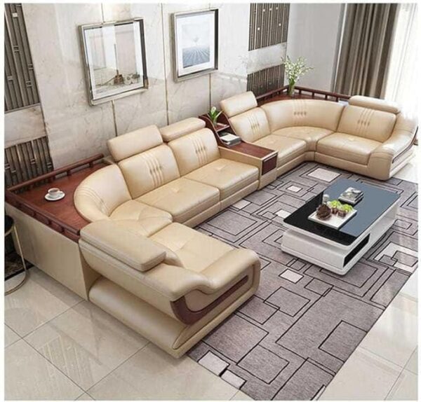 Taxzek Aryana Leather Sofa Set, Beige Colour, 7 Seater, U-Shape, 40 Density Foam, Wooden Frame with Center Table