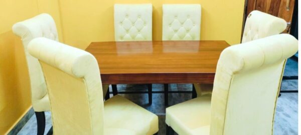 Taxzek Solid Wood Dining Table with 6 Upholstered Chairs, Yellow+ Brown