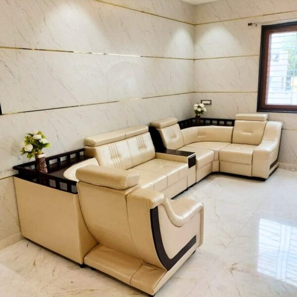 Taxzek Aryana Leather Sofa Set, Beige Colour, 7 Seater, U-Shape, 40 Density Foam, Wooden Frame with Center Table - Image 3