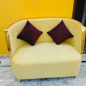 Taxzek 2 Seater Sofa for Living Room, Yellow + Brown, with Throw Pillow and Centre Table