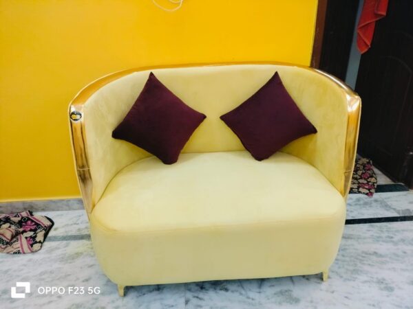 Taxzek 2 Seater Sofa for Living Room, Yellow + Brown, with Throw Pillow and Centre Table