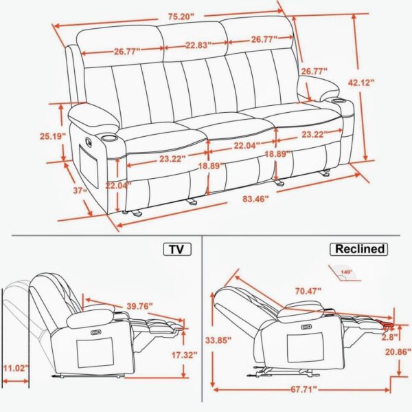 Taxzek 3+2 Fully Recliner Sofa Set with Power Headrest, Lumbar Support, armrest, Throw Pillow for Back Support and Decoration - Image 2