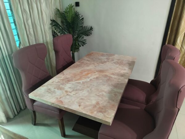 Taxzek 4 Seater Marble Top Wooden Dining Table Tawny Polish with Peach Colour Leather Chairs (Americana, Tawny) - Image 3