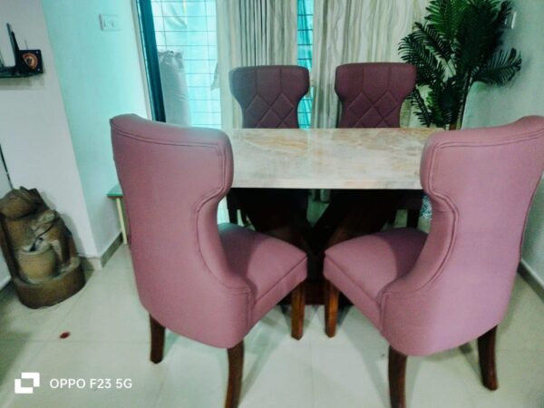 Taxzek 4 Seater Marble Top Wooden Dining Table Tawny Polish with Peach Colour Leather Chairs (Americana, Tawny) - Image 2