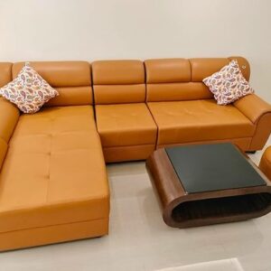 Taxzek 5+1 Seater with Lounger Multifunctional LHS and RHS Living Room Sofa Set, Black Glass Top Wooden Centre Table with Ample Storage, Ottoman,Throw Pillow Tan Brown