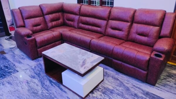 Taxzek Multifunctional LHS and RHS 6 Seater Recliner Sofa, Brown Leather, Cup Holder Without Centre Table for Living Room, Office Drawing Room