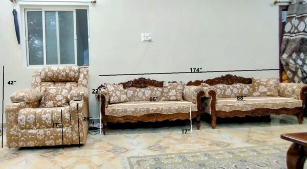 Taxzek 4x4 Seater 3x3 Seater Wooden Sofa Set with Floral Pattern, Recliner, Side Table, Coffee Table for Living Room, - Image 4