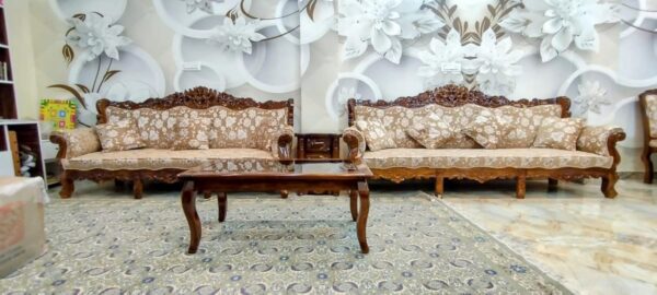 Taxzek 4x4 Seater 3x3 Seater Wooden Sofa Set with Floral Pattern, Recliner, Side Table, Coffee Table for Living Room, - Image 2
