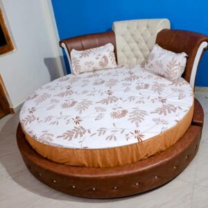 Taxzek Round Queen Size Bed, Brown Leather, 10 Inch Latex Mattress, Button Tufted Headrest Brown + Beige