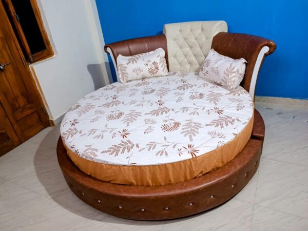 Taxzek Round Queen Size Bed, Brown Leather, 10 Inch Latex Mattress, Button Tufted Headrest Brown + Beige