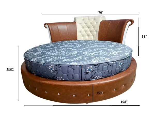 Taxzek Round Queen Size Bed, Brown Leather, 10 Inch Latex Mattress, Button Tufted Headrest Brown + Beige - Image 2