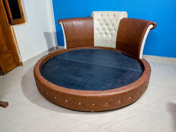 Taxzek Round Queen Size Bed, Brown Leather, 10 Inch Latex Mattress, Button Tufted Headrest Brown + Beige - Image 3