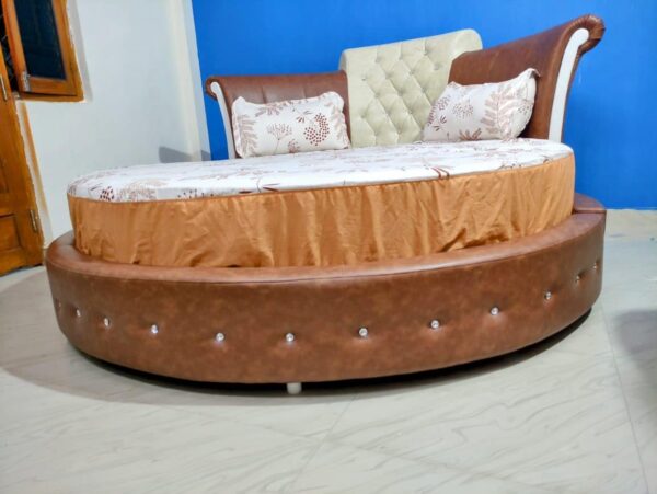 Taxzek Round Queen Size Bed, Brown Leather, 10 Inch Latex Mattress, Button Tufted Headrest Brown + Beige - Image 4
