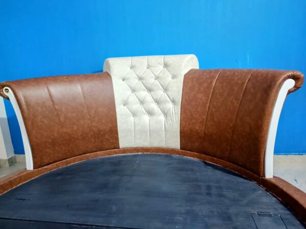 Taxzek Round Queen Size Bed, Brown Leather, 10 Inch Latex Mattress, Button Tufted Headrest Brown + Beige - Image 5