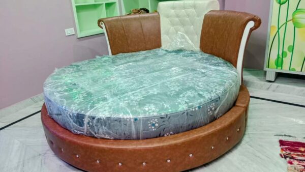 Taxzek Round Queen Size Bed, Brown Leather, 10 Inch Latex Mattress, Button Tufted Headrest Brown + Beige - Image 6