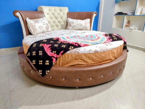 Taxzek Round Queen Size Bed, Brown Leather, 10 Inch Latex Mattress, Button Tufted Headrest Brown + Beige - Image 8
