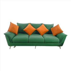 Taxzek Battle Green Sofa with Orange Cushions, Green Pillows, 3 Seater Leather Upholstery with SS Legs