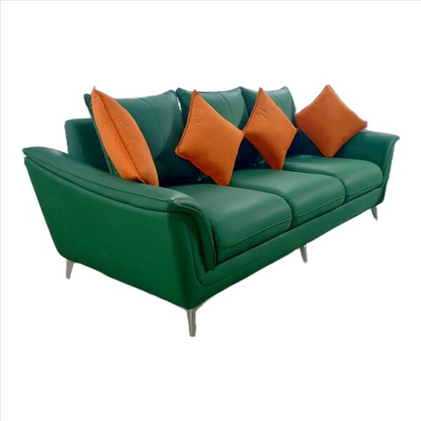 Taxzek Battle Green Sofa with Orange Cushions, Green Pillows, 3 Seater Leather Upholstery with SS Legs - Image 6