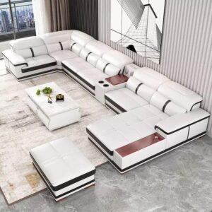Taxzek Modern Living Room U Shape Penguine Sofa Set, White and Black, LHS Facing,with Coffee Table, Lounger, Armrest, Back Cushion Pillows, Wooden Snack Space